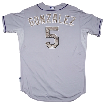 2013 Carlos Gonzalez Game Used, Signed & Inscribed Colorado Rockies Camo Military Appreciation Day Jersey (MLB Authenticated & Beckett)